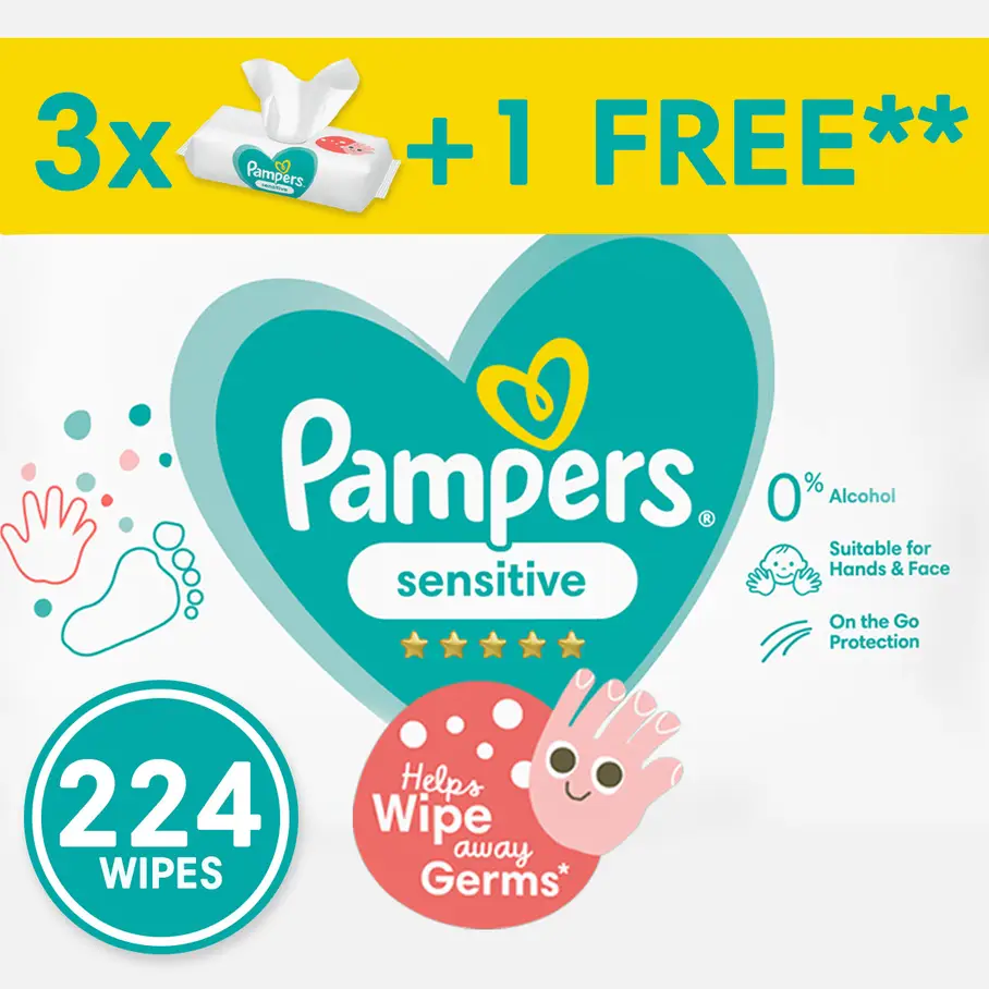 PAMPERS SENSITIVE 224 WIPES 3+1 FREE